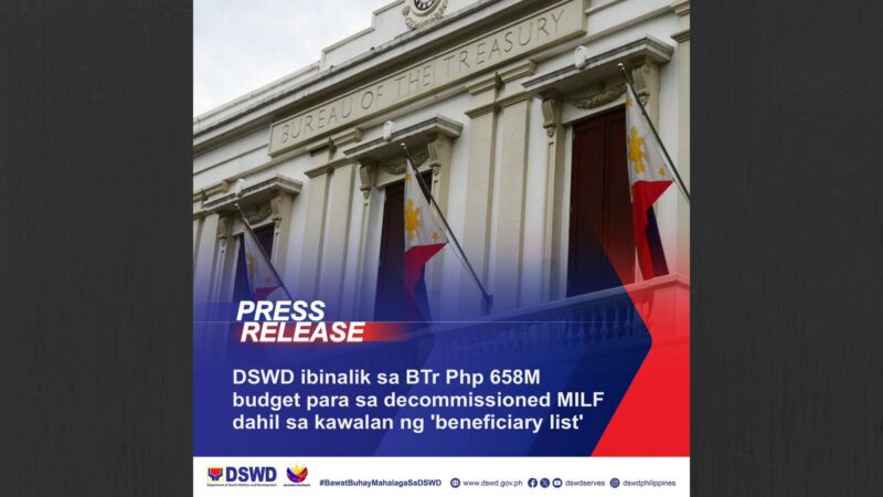 P658M budget para sa decommissioned MILF isinoli ng DSWD sa Bureau of Treasury dahil sa kawalan ng ‘beneficiary list’