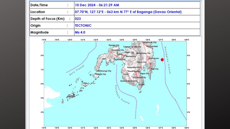 Davao Oriental niyanig ng magnitude 4.0 na lindol