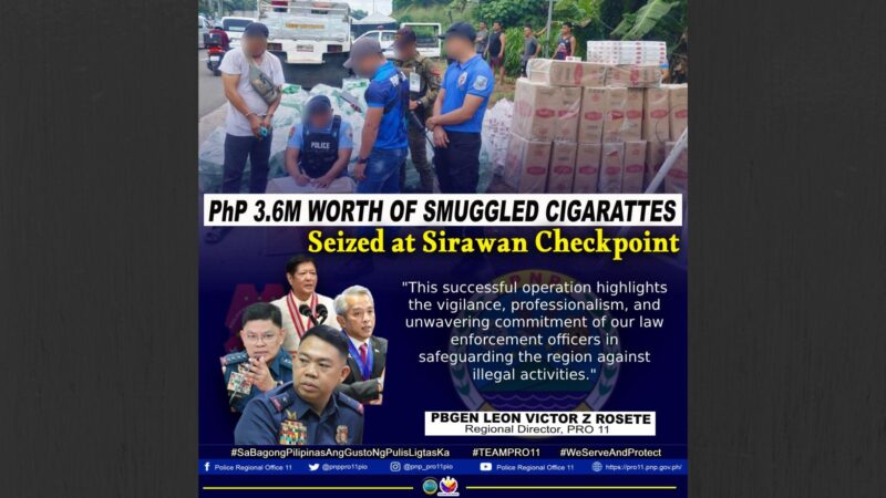 P3.6M na halaga ng smuggled na sigarilyo, nakumpiskka sa checkpoint sa Davao City