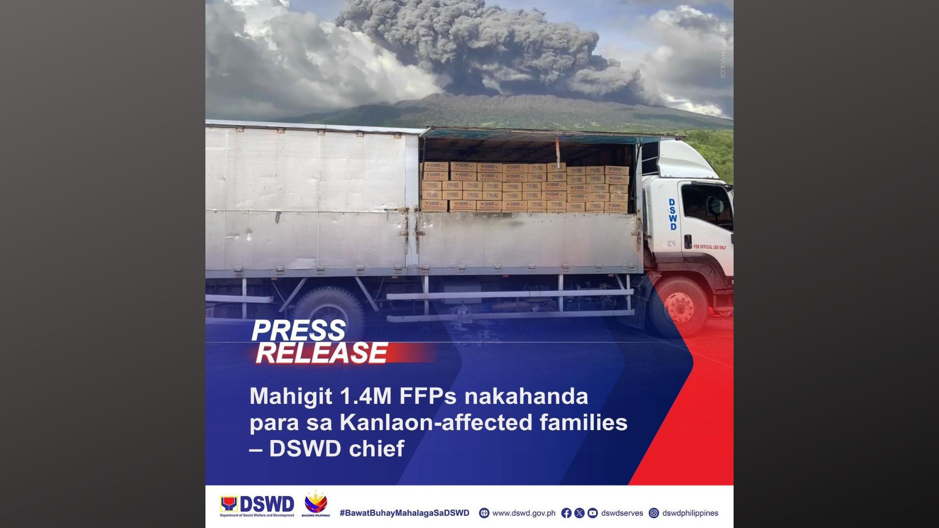 Mahigit 1.4M Family Food Packs inihanda ng DSWD para sa mga pamilyang naapektuhan ng pagputok ng Mt. Kanlaon