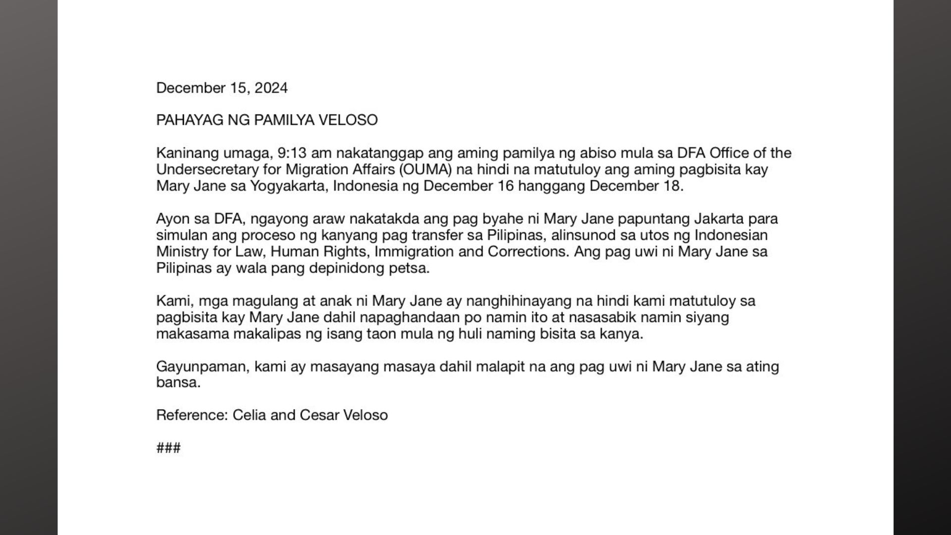Pagproseso sa pag-uwi sa bansa ni Mary Jane Veloso inumpisahan na sa Jakarta