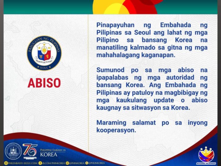 Mga Pinoy sa South Korea pinayuhang manatiling kalmado