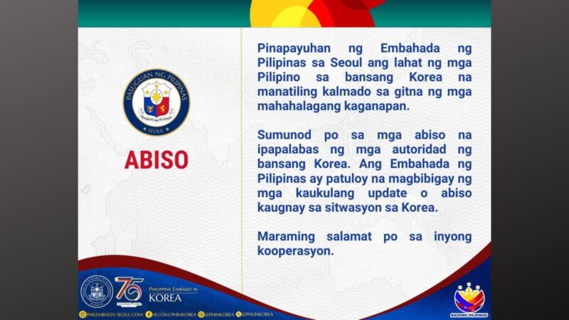 Mga Pinoy sa South Korea pinayuhang manatiling kalmado