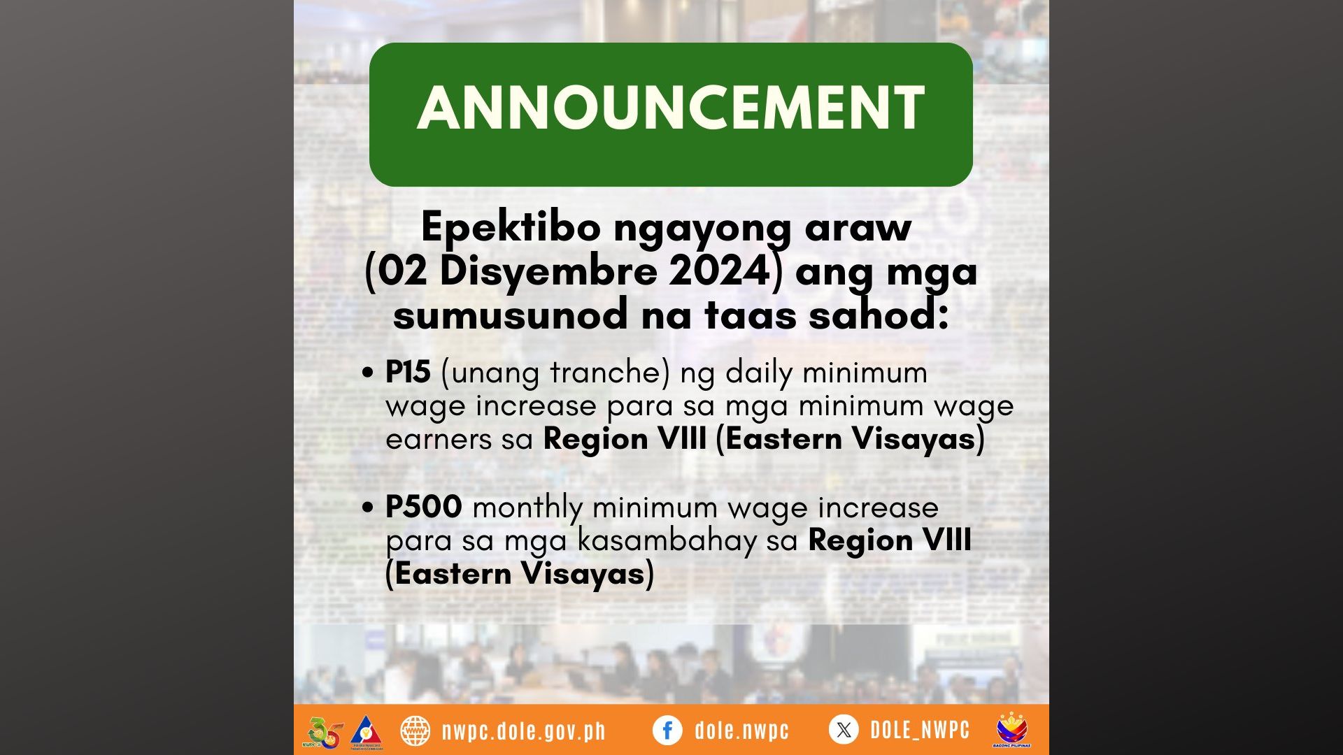 Dagdag sa minimum wage sa Eastern Visayas, epektibo na