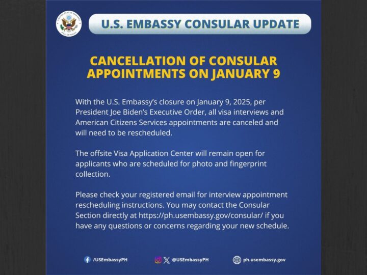 Consular appointments sa U.S. Embassy sa Maynila kanselado sa Jan. 9.