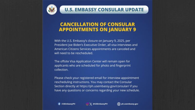 Consular appointments sa U.S. Embassy sa Maynila kanselado sa Jan. 9.