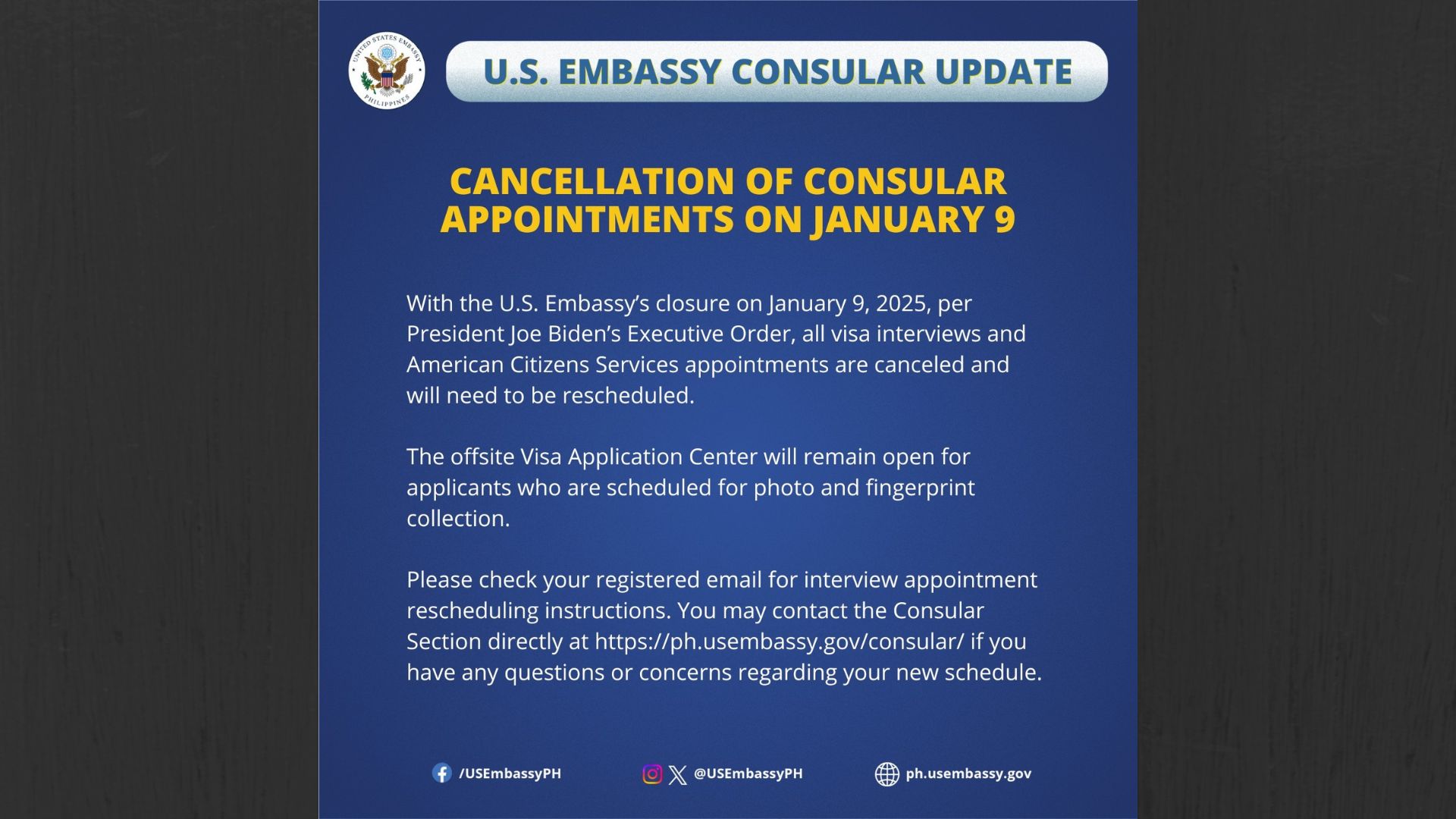 Consular appointments sa U.S. Embassy sa Maynila kanselado sa Jan. 9.