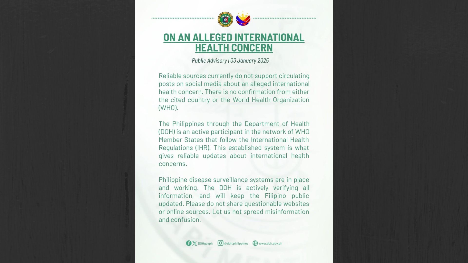 “International health concern” na ipinakakalat sa social media, walang kumpirmasyon mula sa WHO ayon sa DOH