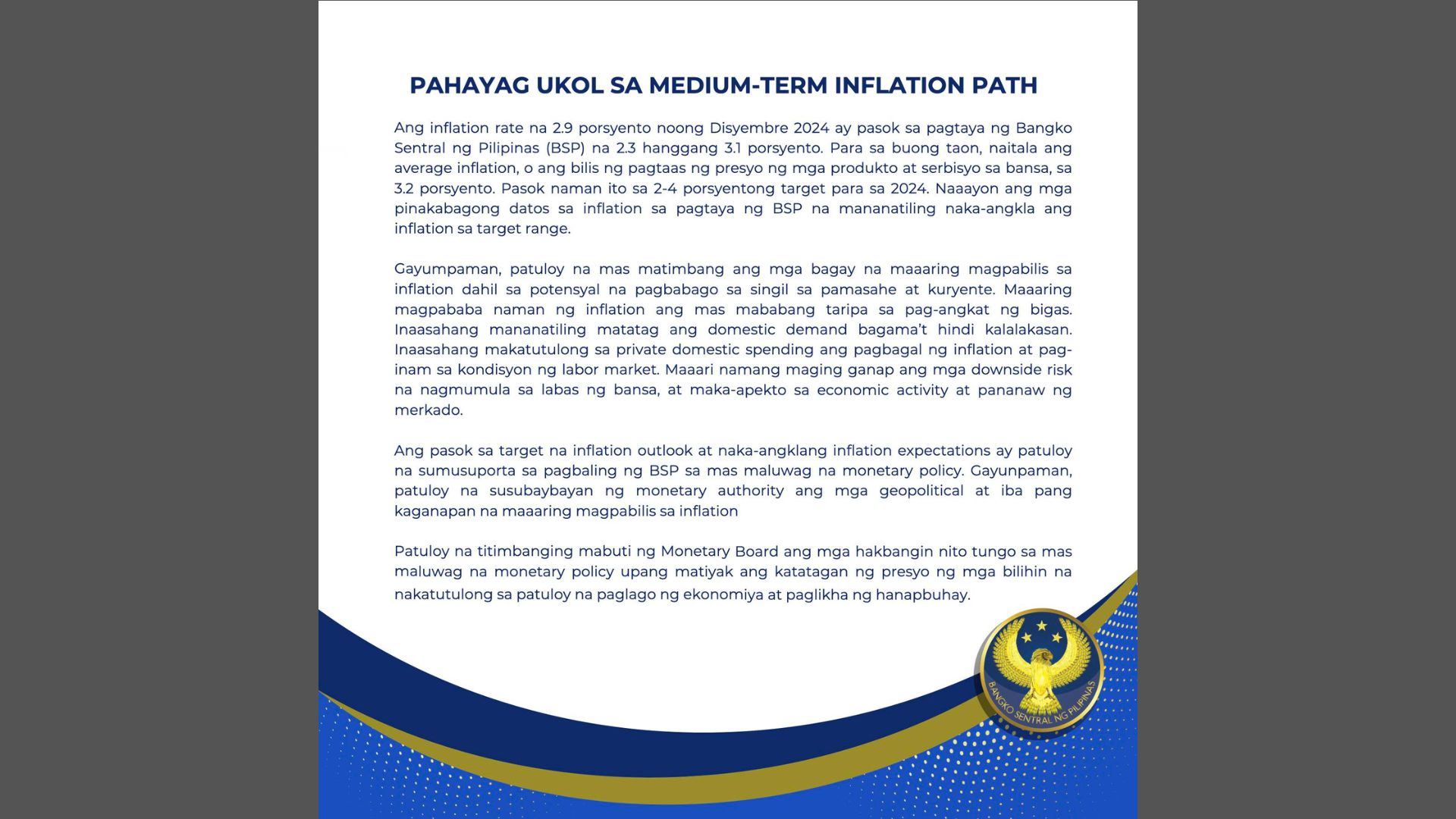 2.9 inflation rate noong Disyembre pasok sa forecast ng BSP