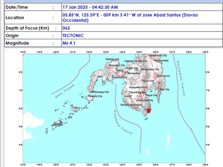 Davao Occidental niyanig ng magnitude 4.1 na lindol