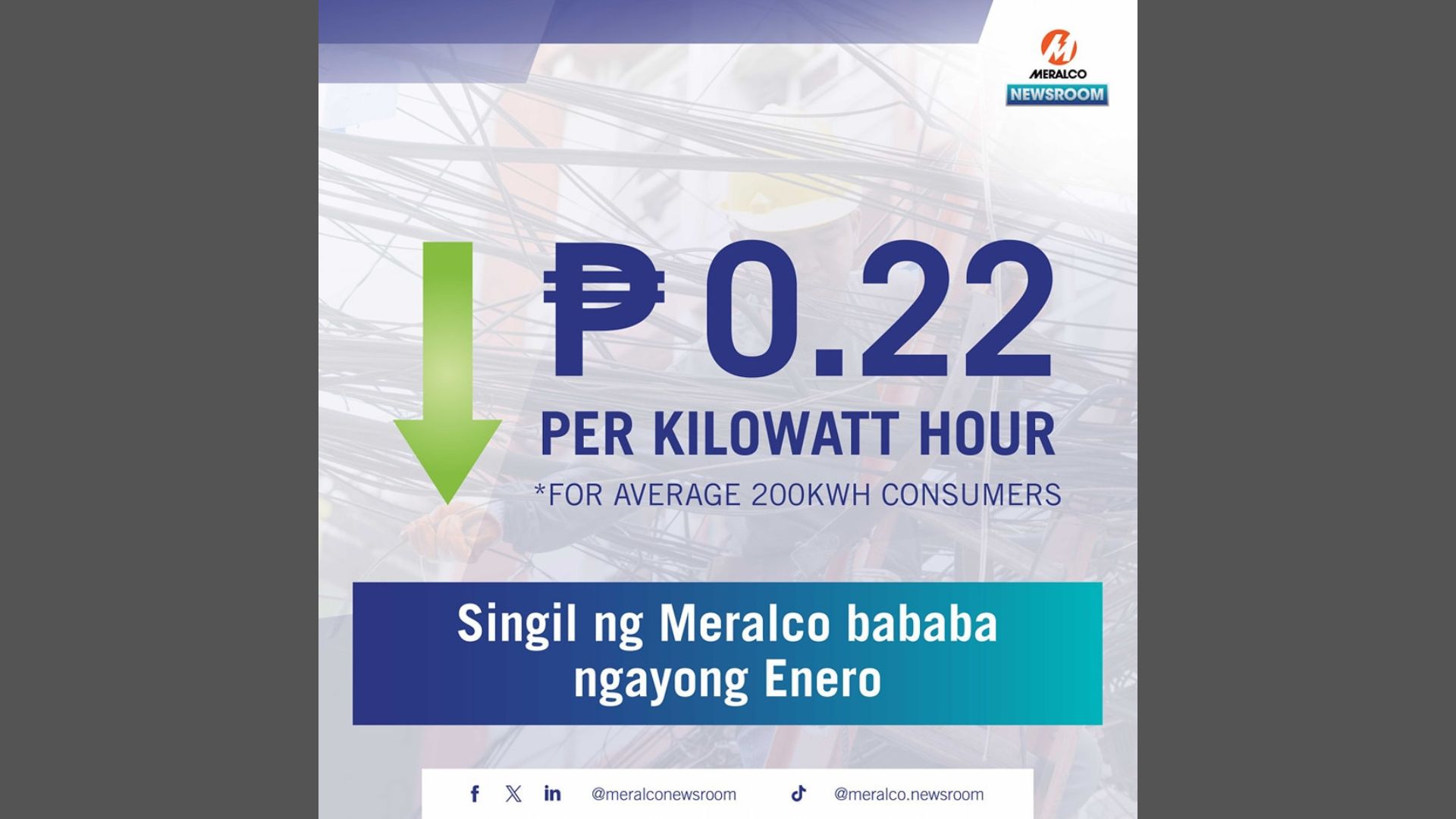 Singil sa kuryente ng Meralco bababa ngayong buwan