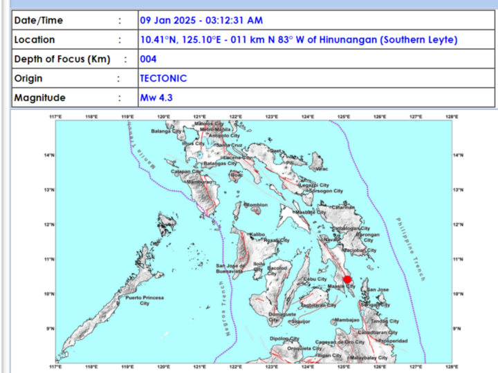 Southern Leyte niyanig ng magnitude 4.3 na lindol