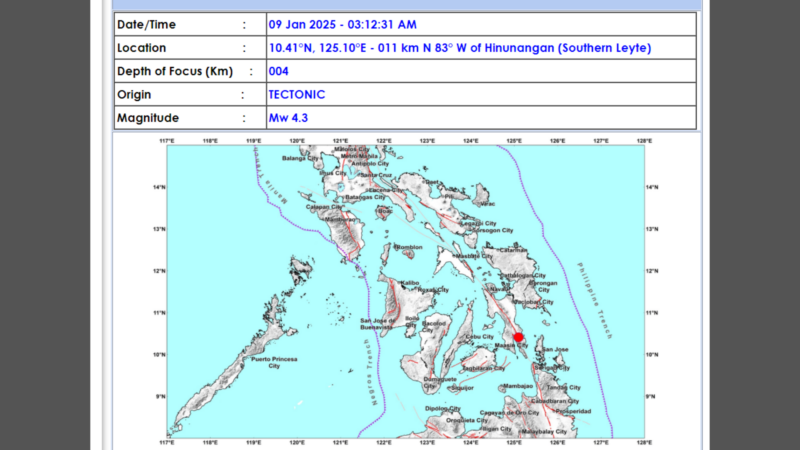 Southern Leyte niyanig ng magnitude 4.3 na lindol