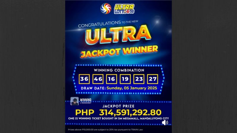 Mahigit P314M na jackpot prize sa Ultra Lotto napanalunan ng nag-iisang bettor