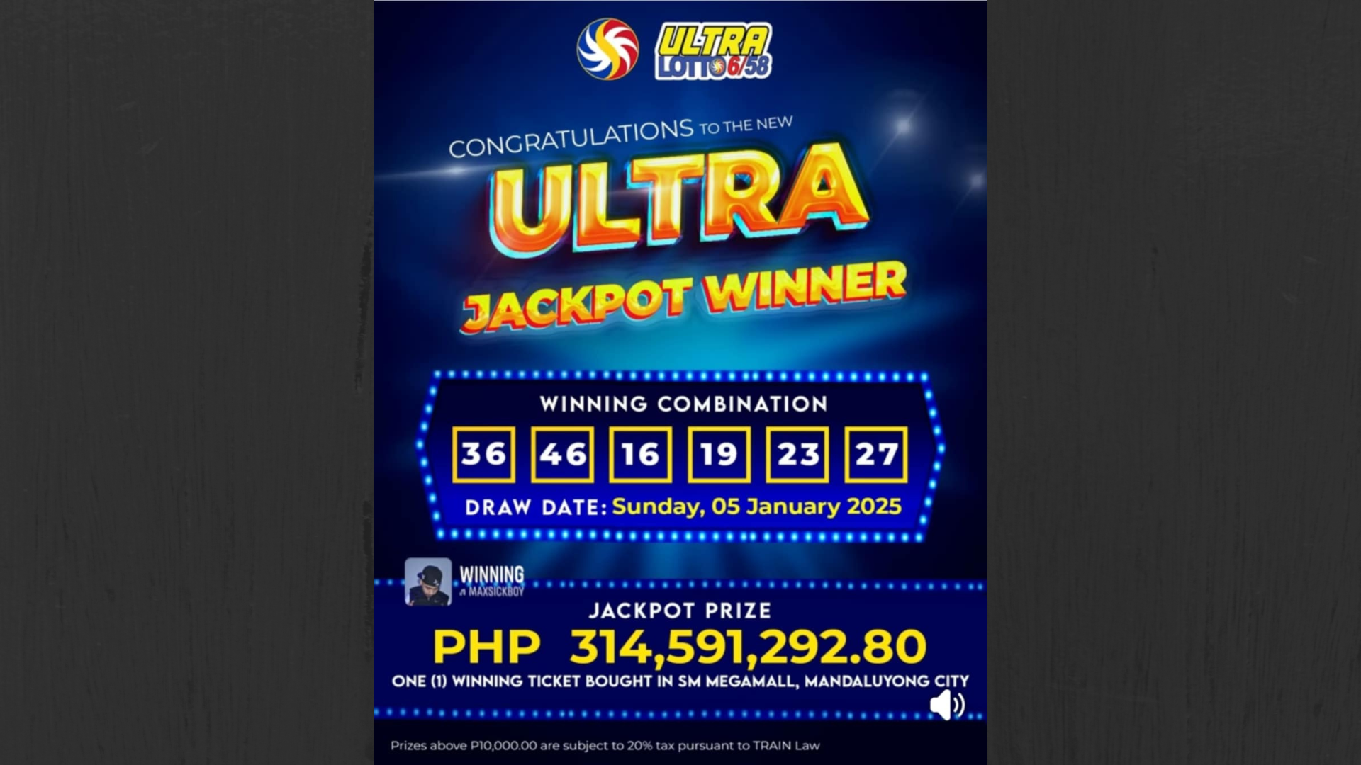 Mahigit P314M na jackpot prize sa Ultra Lotto napanalunan ng nag-iisang bettor