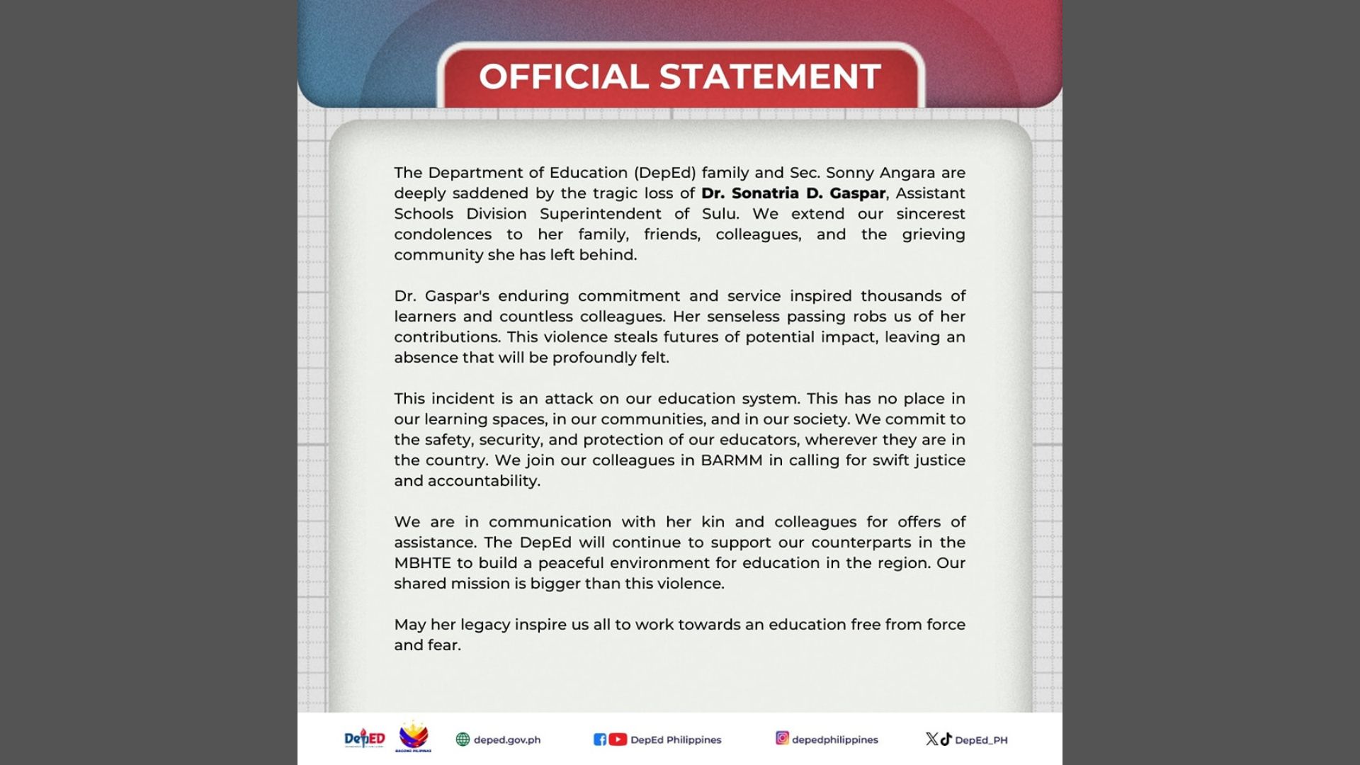 Pagpatay sa Assistant Schools Division Superintendent sa Sulu, kinondena ng DepEd