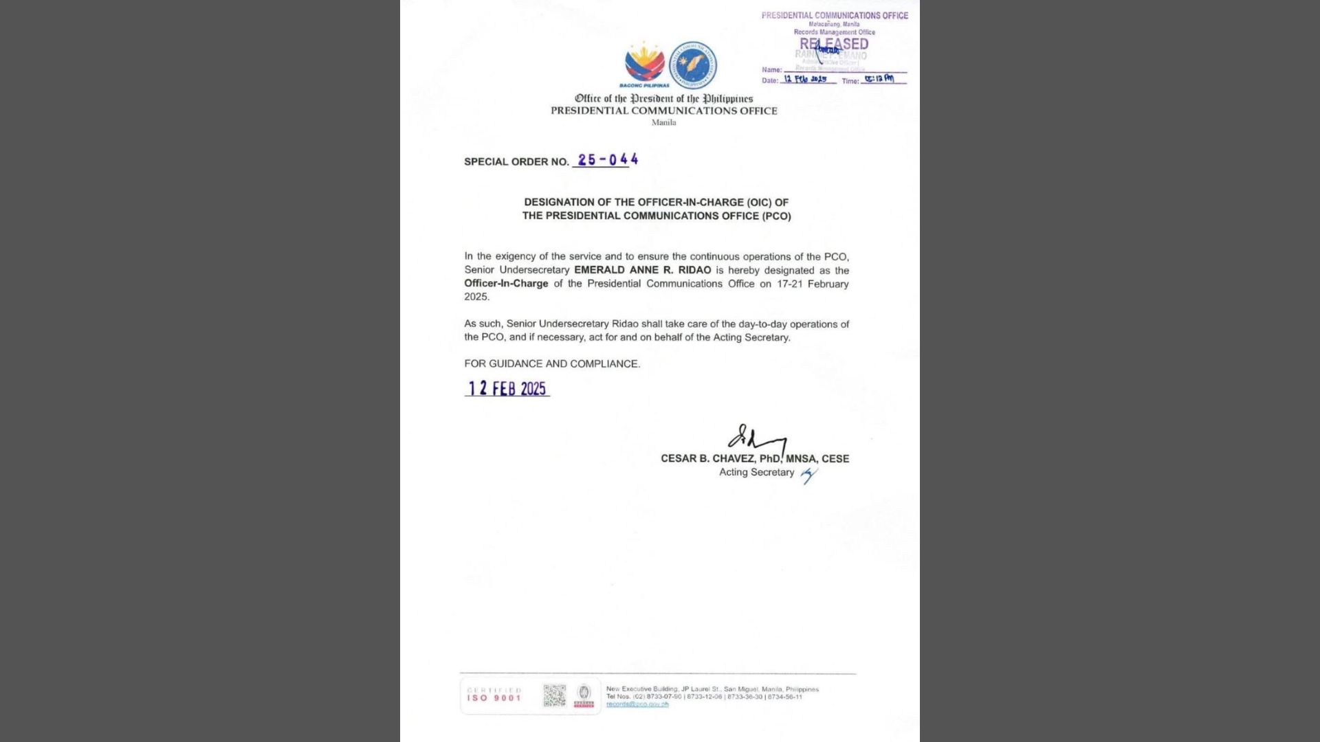 Acting secretary Cesar Chavez nagtalaga muna ng OIC sa PCO