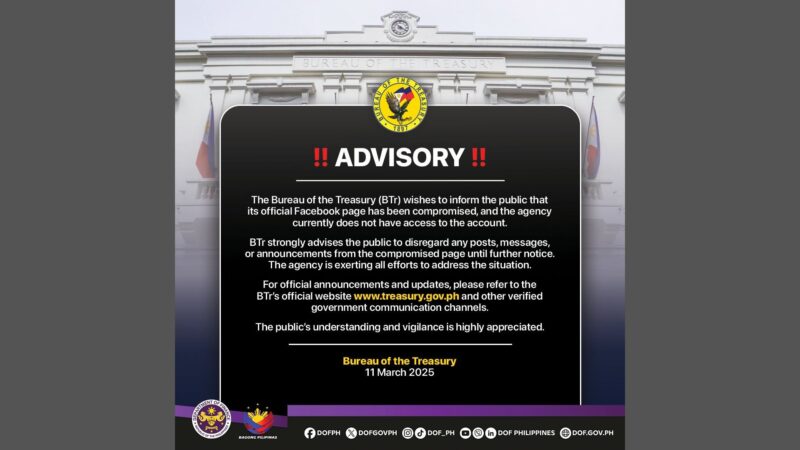 Facebook page ng Bureau of the Treasury napasok ng hackers