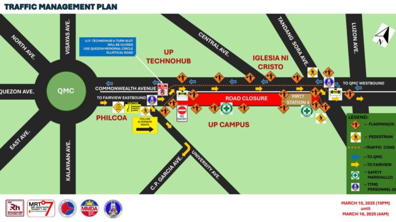 Bahagi ng Commonwealth Ave. mula University Ave hanggang Tandang Sora Ave. isasara sa mga motorista sa weekend