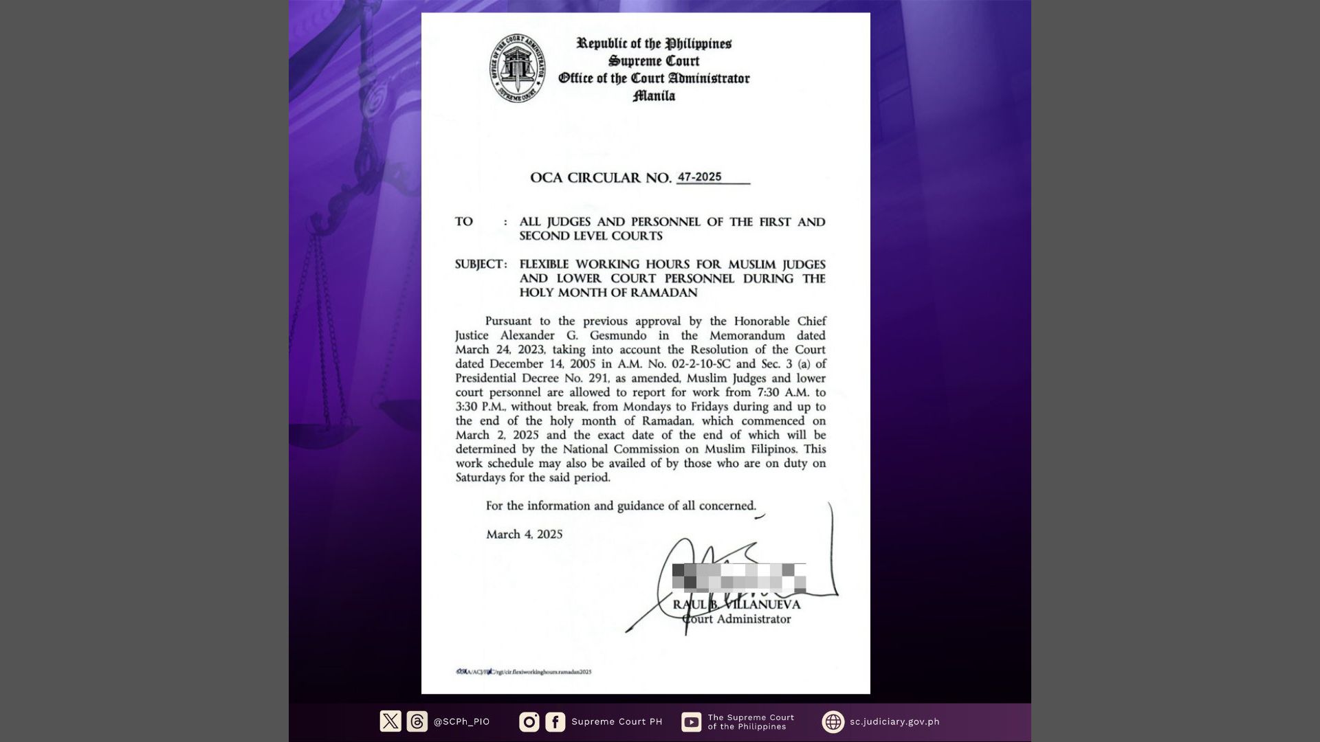 Flexible working hours para sa mga hukom at court personnel na Muslim, inaprubahan ng Korte Suprema