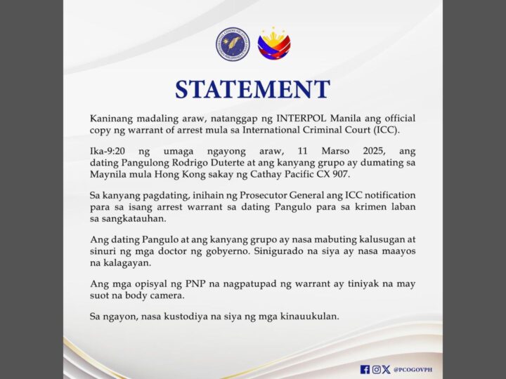 BREAKING: Warrant of arrest mula ICC isinilbi na kay dating Pangulong Rodrigo Duterte; dating pangulo hawak na ng PNP