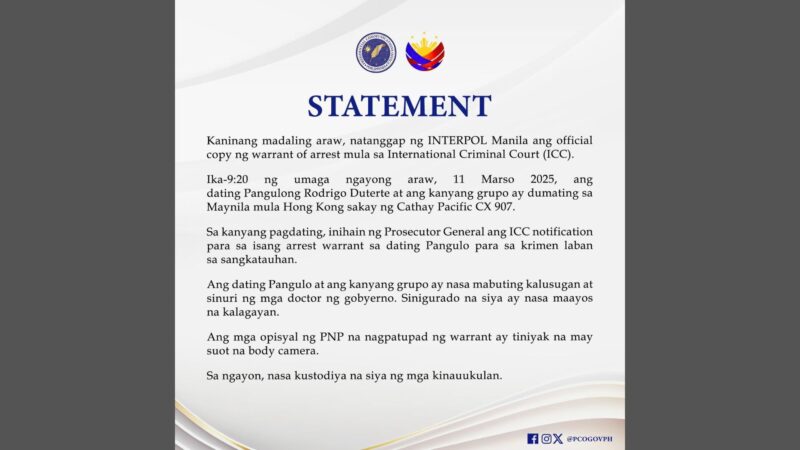 BREAKING: Warrant of arrest mula ICC isinilbi na kay dating Pangulong Rodrigo Duterte; dating pangulo hawak na ng PNP