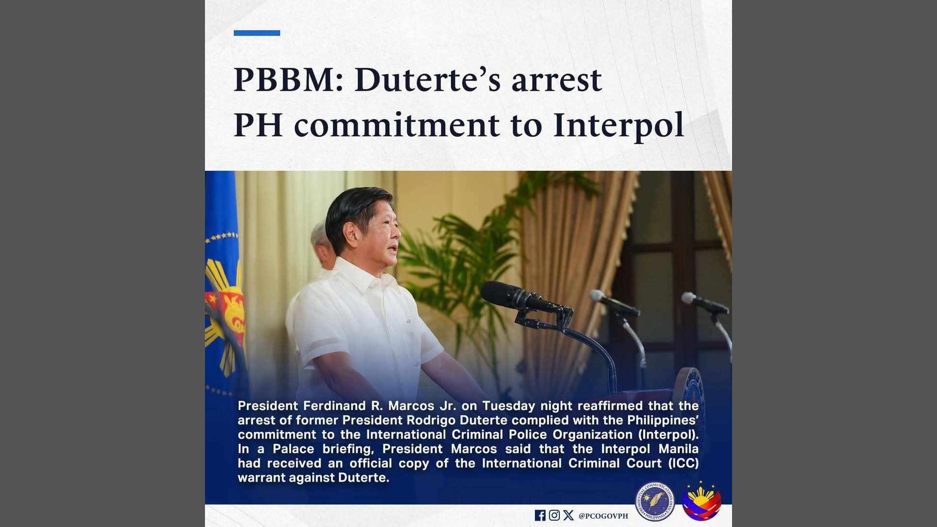 Pagtulong sa Interpol upang maaresto si dating Pang. Duterte, bahagi ng obiligasyon ng Pilipinas sa Interpol