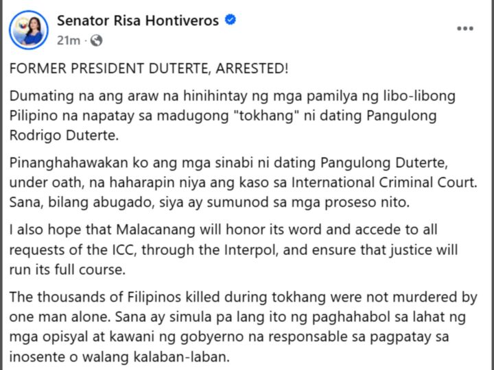 Libu-libong nasawi sa “Tokhang” mabibigyan na ng hustisya ayon kay Sen. Hontiveros