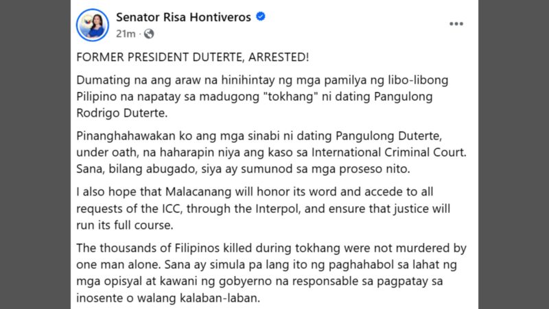 Libu-libong nasawi sa “Tokhang” mabibigyan na ng hustisya ayon kay Sen. Hontiveros