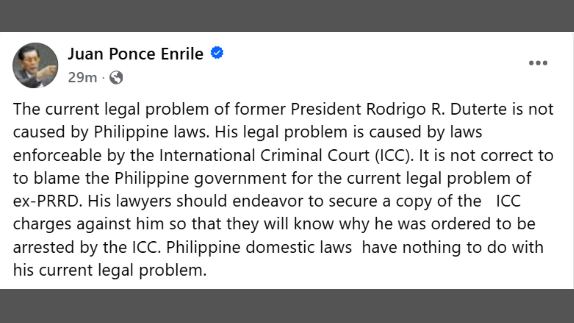 Batas ng Pilipinas walang kinalaman sa kinakaharap na legal problem ni dating Pang. Duterte – JPE