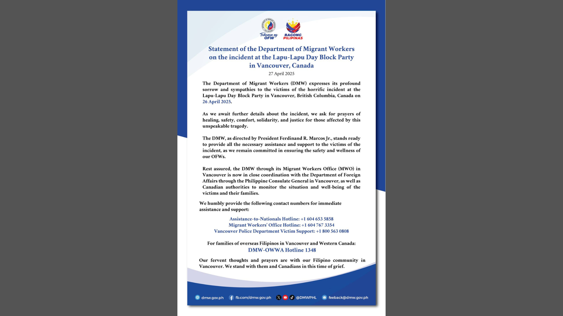 DMW naglabas ng hotline numbers para sa OFW at pamilya na mangangailangan ng tulong kasunod ng trahedya sa Lapu-Lapu Day Block party sa Vancouver