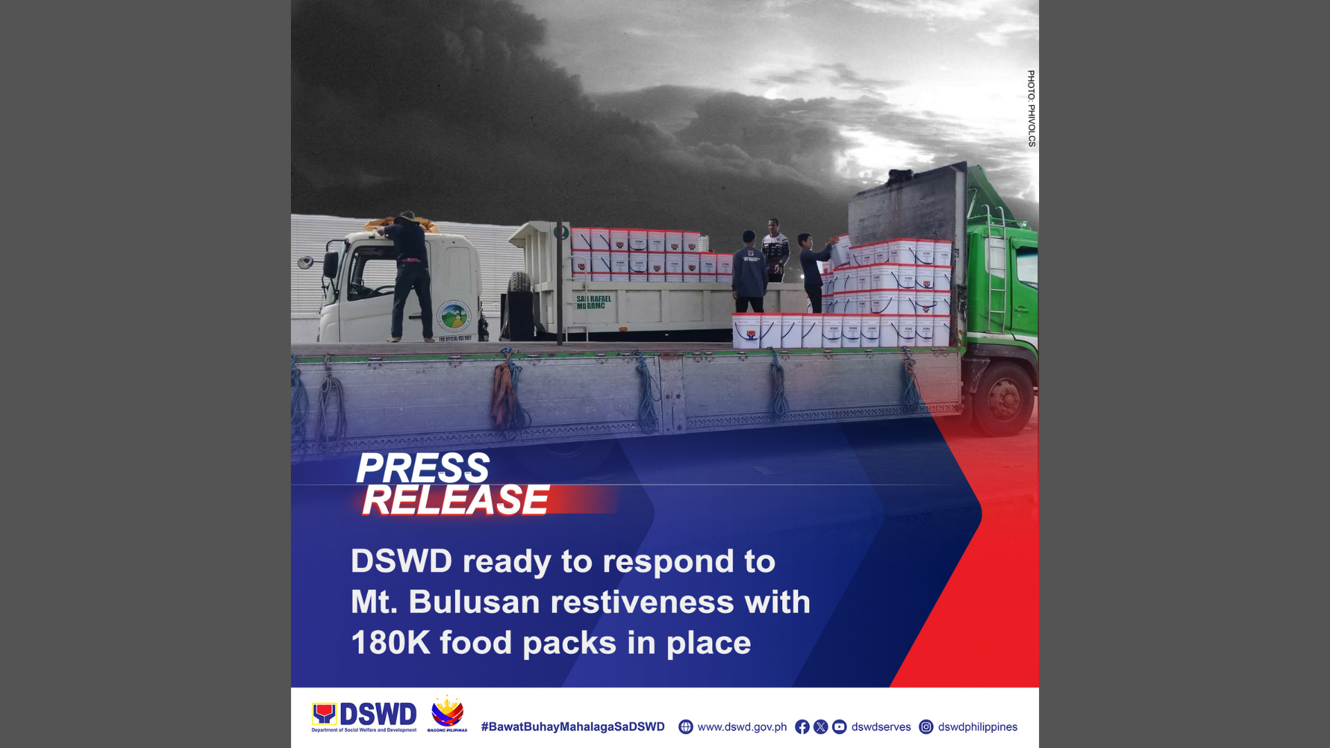 180,000 Family Food Packs ng DSWD nakahadang ipamahagi sa mga maaapektuhan ng pagputok ng Mt. Bulusan