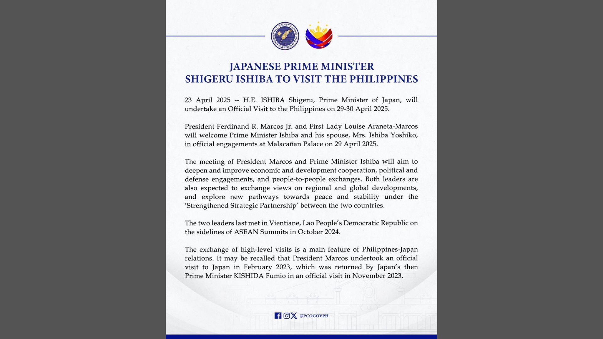 Japanese Prime Minister Ishiba bibista sa bansa sa Apr. 29 at 30