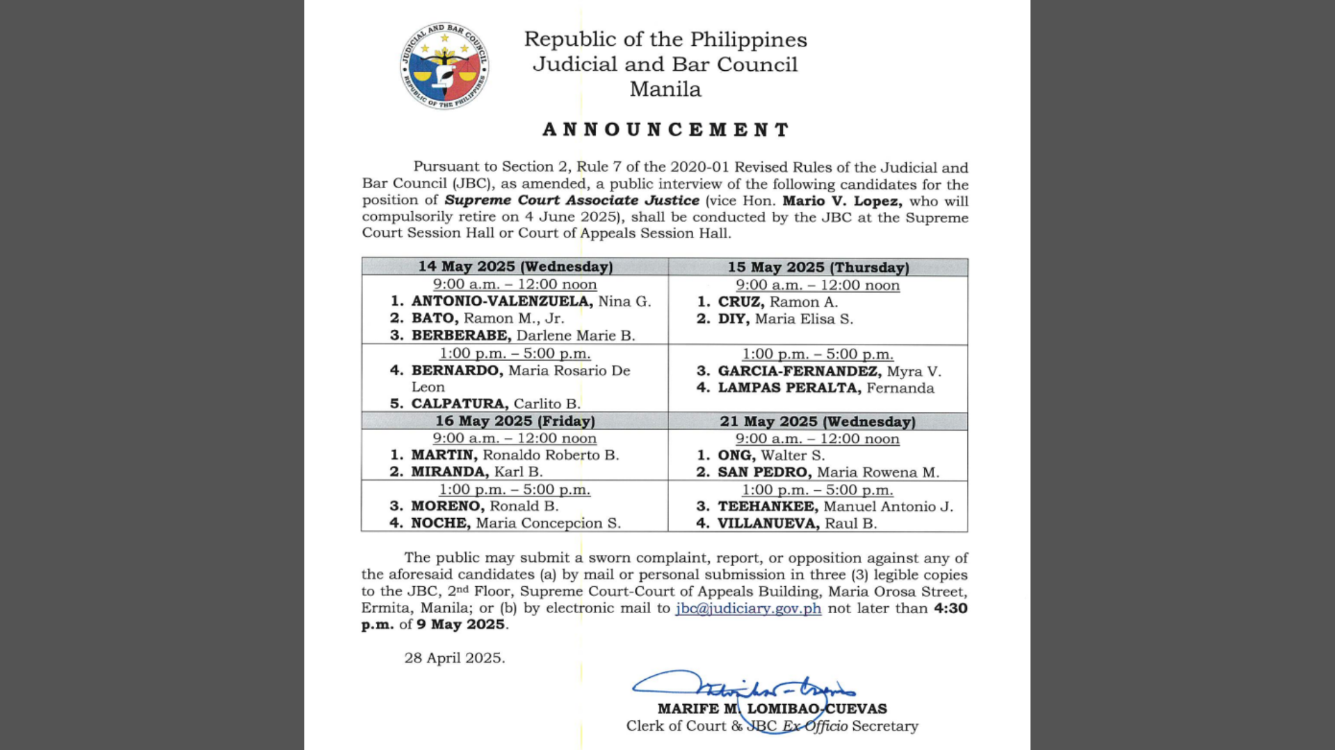 Public Interview sa mga kandidato bilang Associate Justice ng Korte Suprema, itinakda na ng JBC