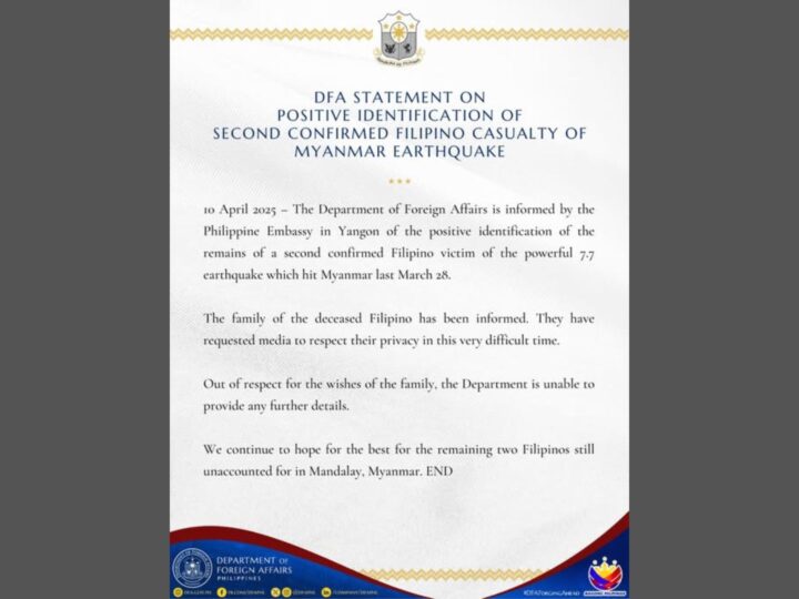 Pagkakakilanlan ng ikalawang Pinoy na nasawi sa lindol sa Myanmar natukoy na – DFA