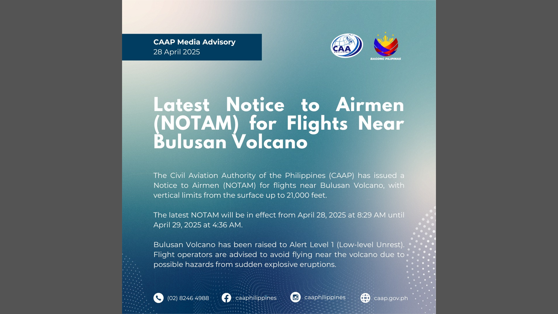 CAAP nagpalabas ng NOTAM sa bahagi ng Bulusan Volcano