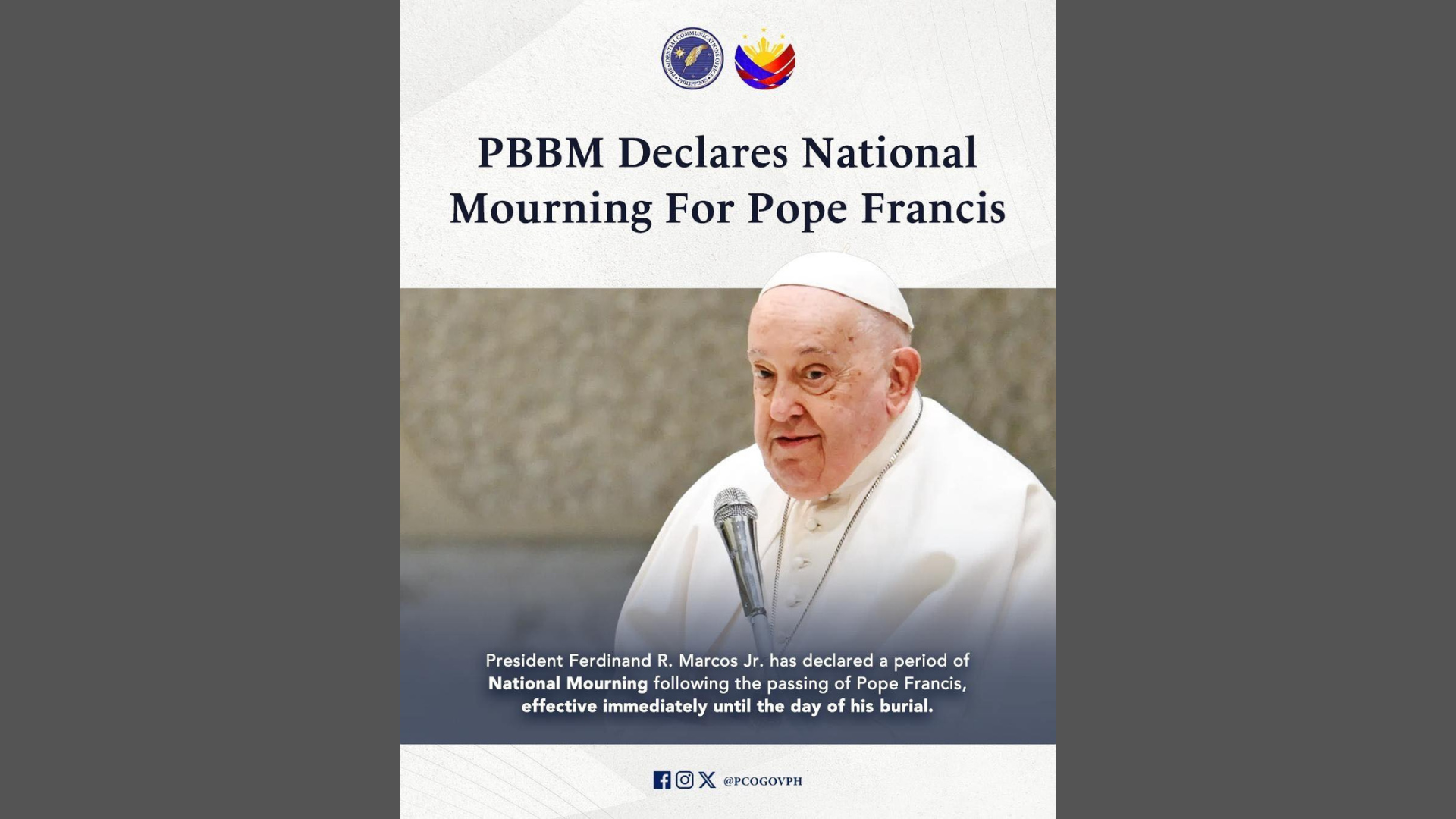 National Mourning idineklara ni Pang. Marcos kasunod ng pagpanaw ni Pope Francis