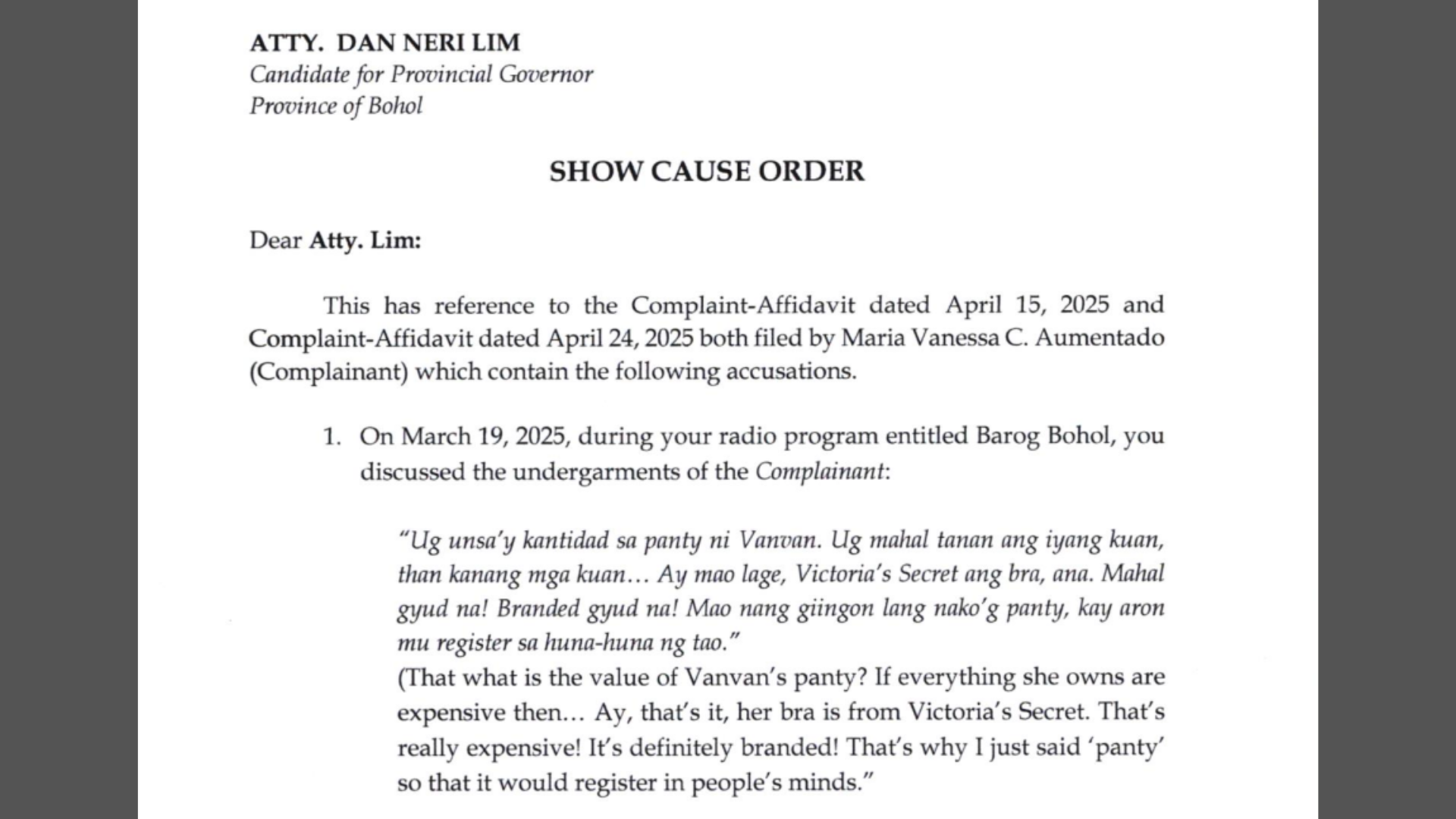 Kandidato sa pagka-gobernador sa Bohol pinagpapaliwanag ng Comelec matapos punahin pati ang bra at panty ng katunggali