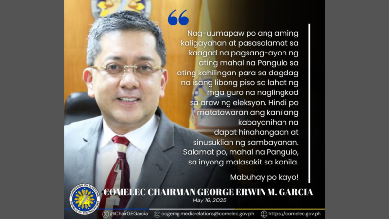 Dagdag na P1,000 sa kompensasyon ng mga gurong nagsilbi noong halalan, aprubado na ng Malakanyang