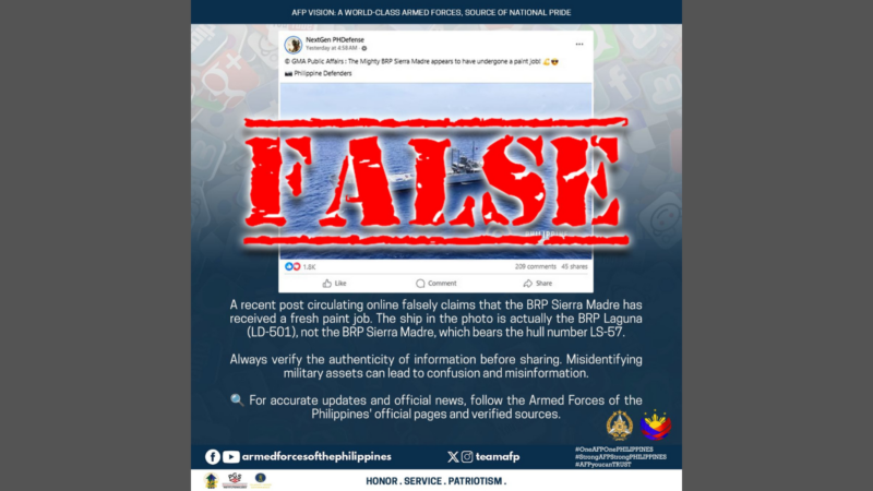 Larawang ipinakakalat sa social media na bagong pintura umano ang BRP Sierra Madre, peke ayon sa AFP