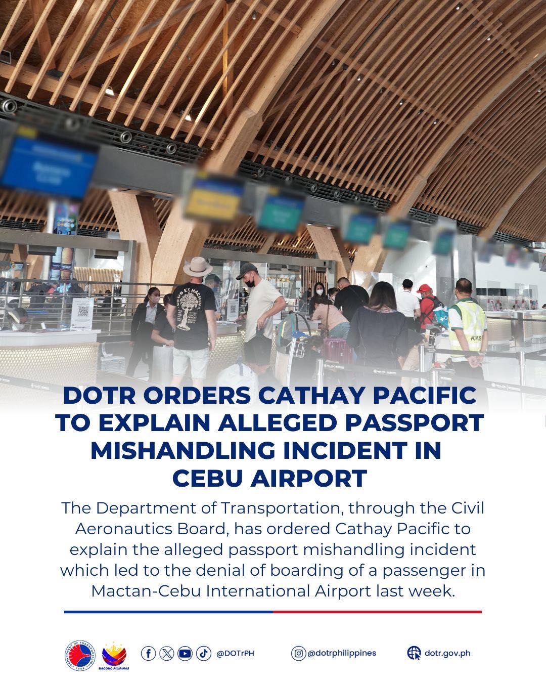 DOTr pinagpapaliwanag ang Cathay Pacific sa umano’y insidente ng passport mishandling sa Cebu Airport