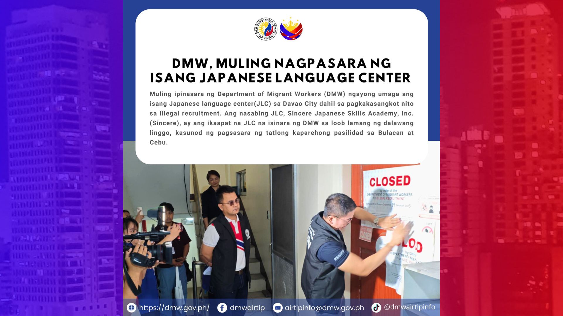 Isa na namang Japanese Language Center ipinasara ng DMW dahil sa pagkakasangkot sa illegal recruitment