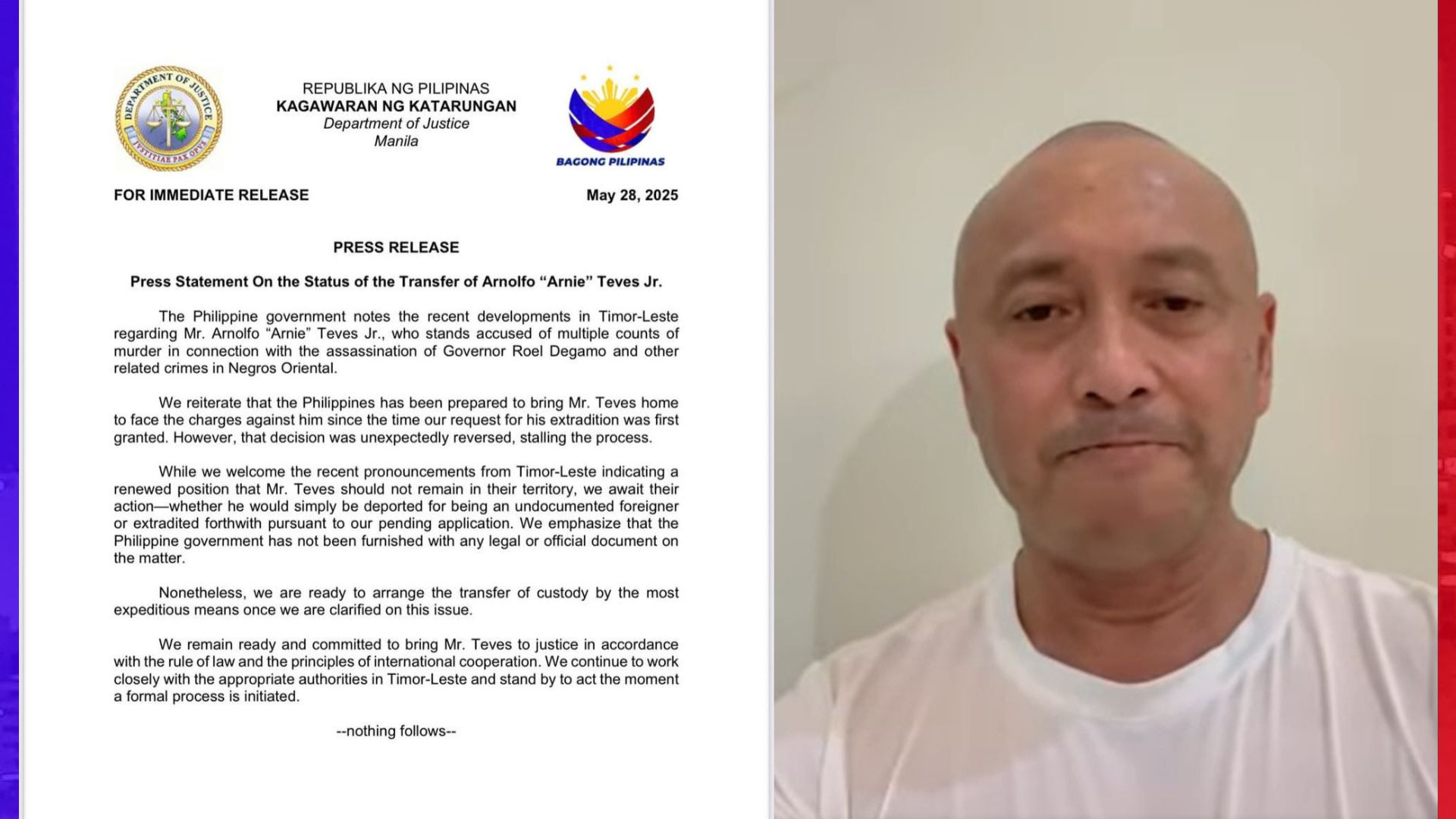 DOJ handang iproseso agad ang pag-uwi sa bansa ni Teves