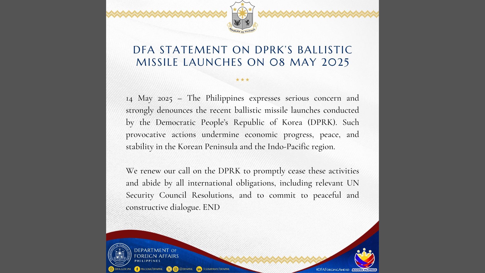 DFA inihayag ang pagkabahala sa panibagong insidente ng pagpapakawala ng ballistic missile ng DPRK