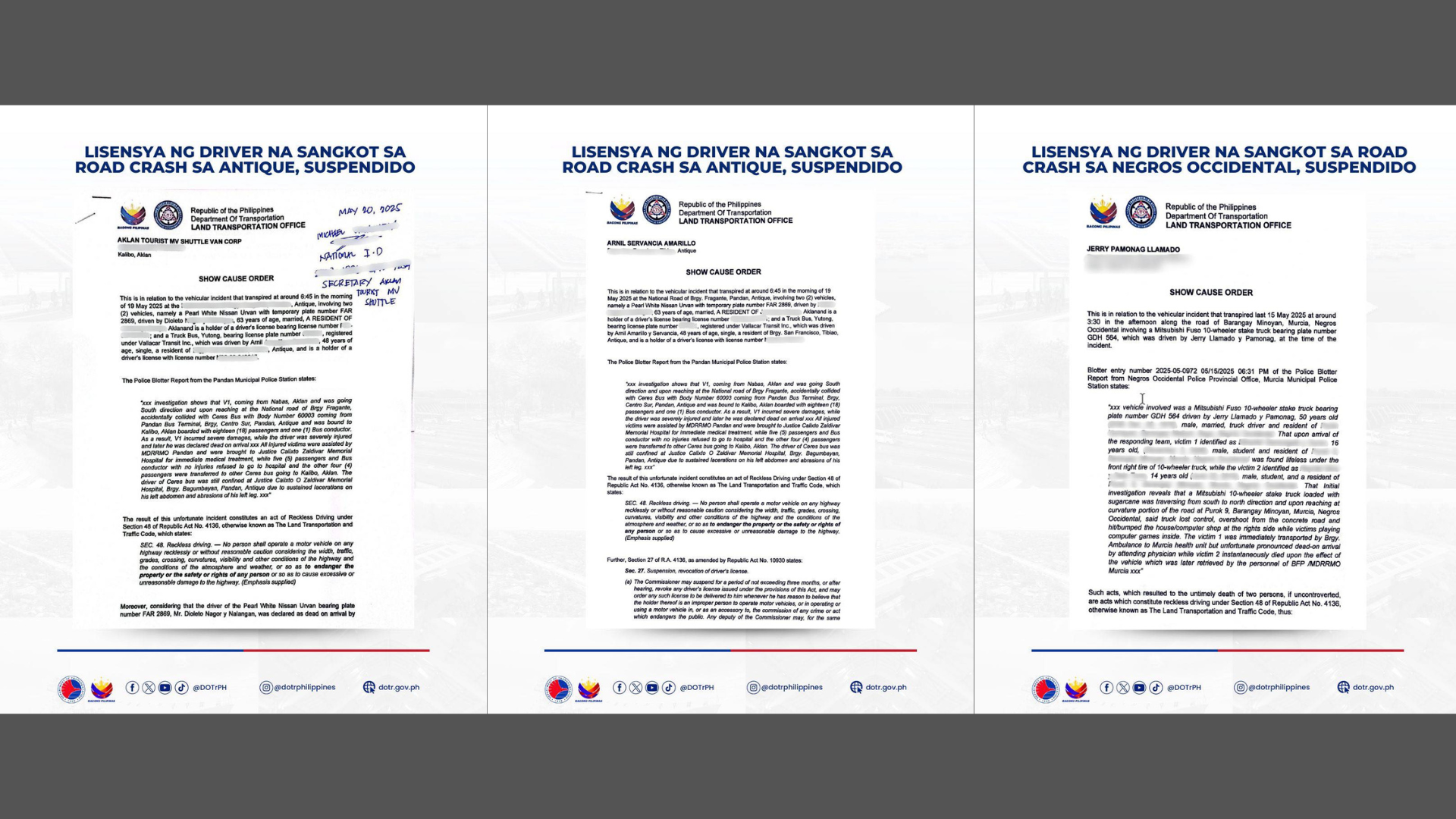 Lisensya ng mga driver na sangkot sa road crash sa Negross Occidental at Antique, sinuspinde ng LTO