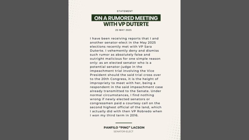 Senator-elect Ping Lacson itinangging nakipagpulong siya kay VP Sara Duterte