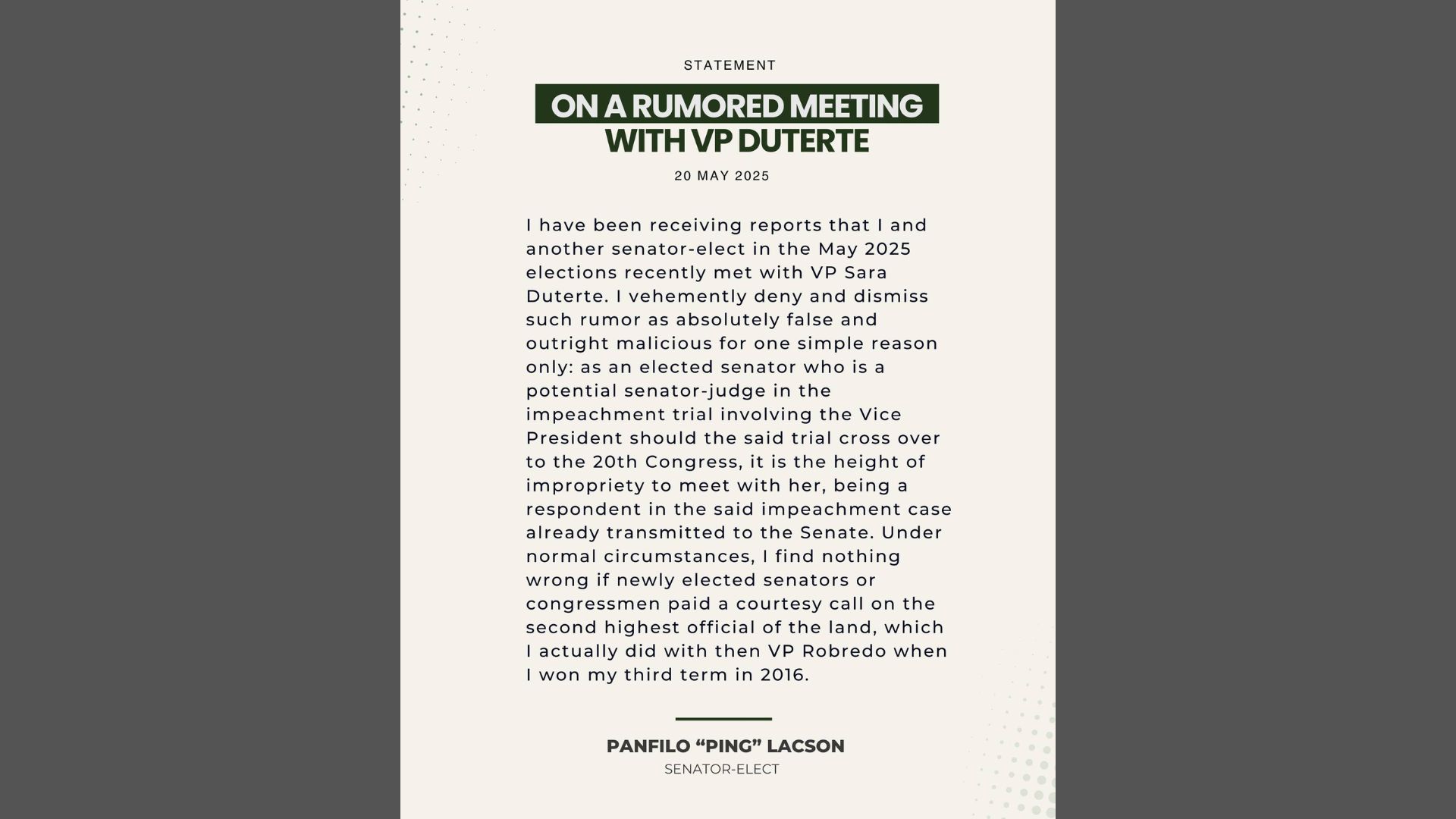 Senator-elect Ping Lacson itinangging nakipagpulong siya kay VP Sara Duterte