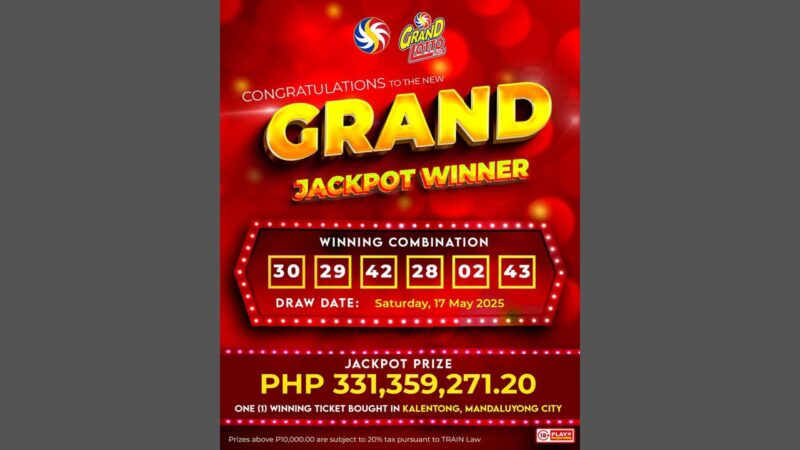 Bettor mula Mandaluyong City wagi ng mahigit P331M na jackpot sa lotto