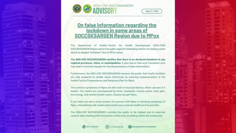 Umano’y lockdown sa ilang probinsya sa Region 12 dahil sa Mpox itinanggi DOH