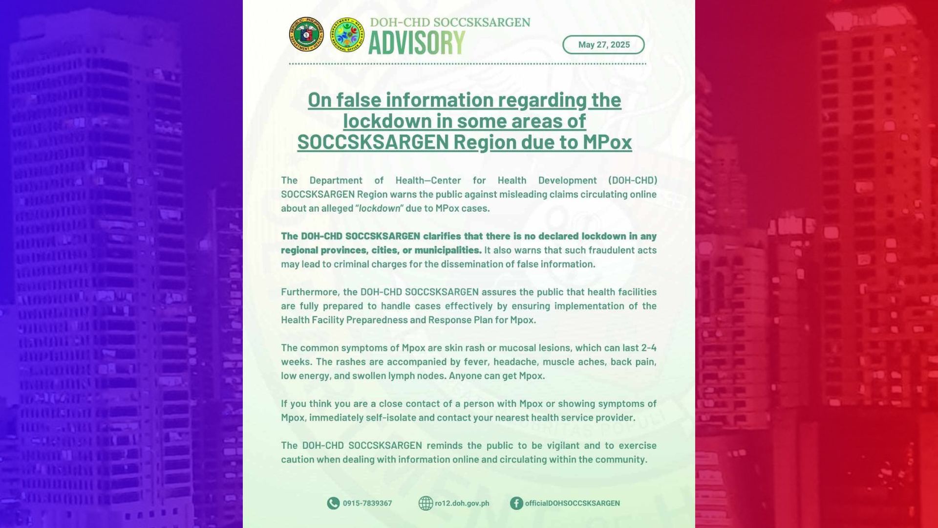 Umano’y lockdown sa ilang probinsya sa Region 12 dahil sa Mpox itinanggi DOH